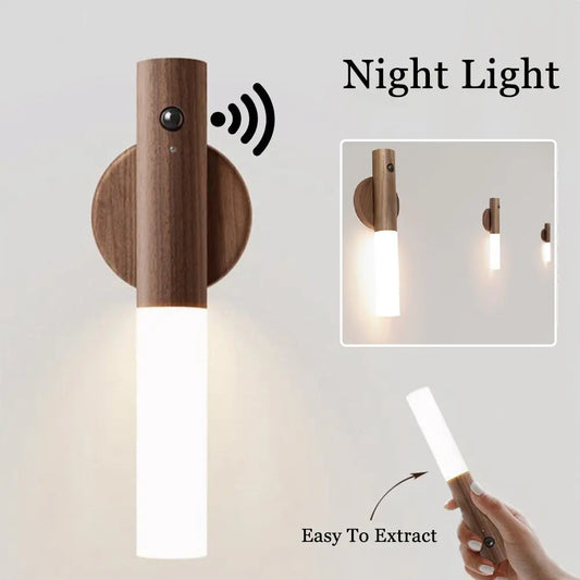 Auto LED USB Magnetic Wood Wireless Night Light Corridors Porch Lights PIR Motion Sensor Wall Light Cabinet Lamp - Samuyostore